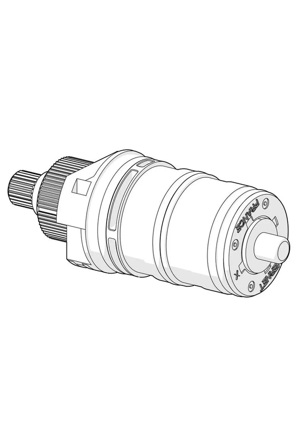 Thermostatkartusche von HANSA, zylindrische Form mit seitlichem Anschluss, ausgestattet mit einem Steuermechanismus an einer der Enden.